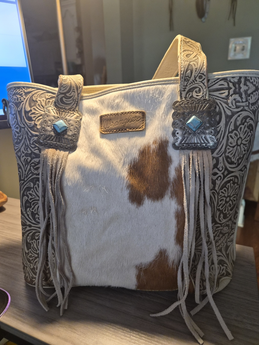 Wrangler Cowhide Fringe Tote - White & Brown with Turquoise Accents